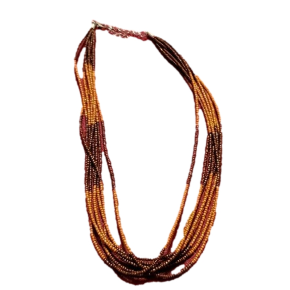 Beaded Necklace Brown and Tan 8 Strands 20" Lobster Clamp 2" Extention Chain